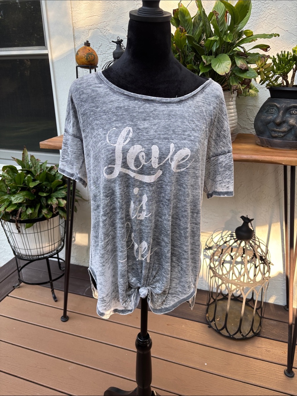Love Is Free Gray Tie-Front Short Sleeve Tee